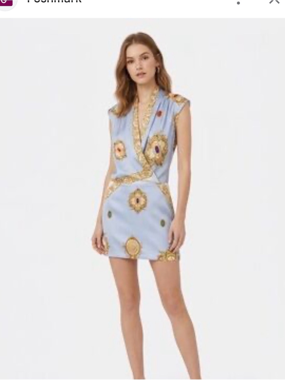Marciano Light Blue Printed Surplice Mini Dress with Gold Medallion Motif